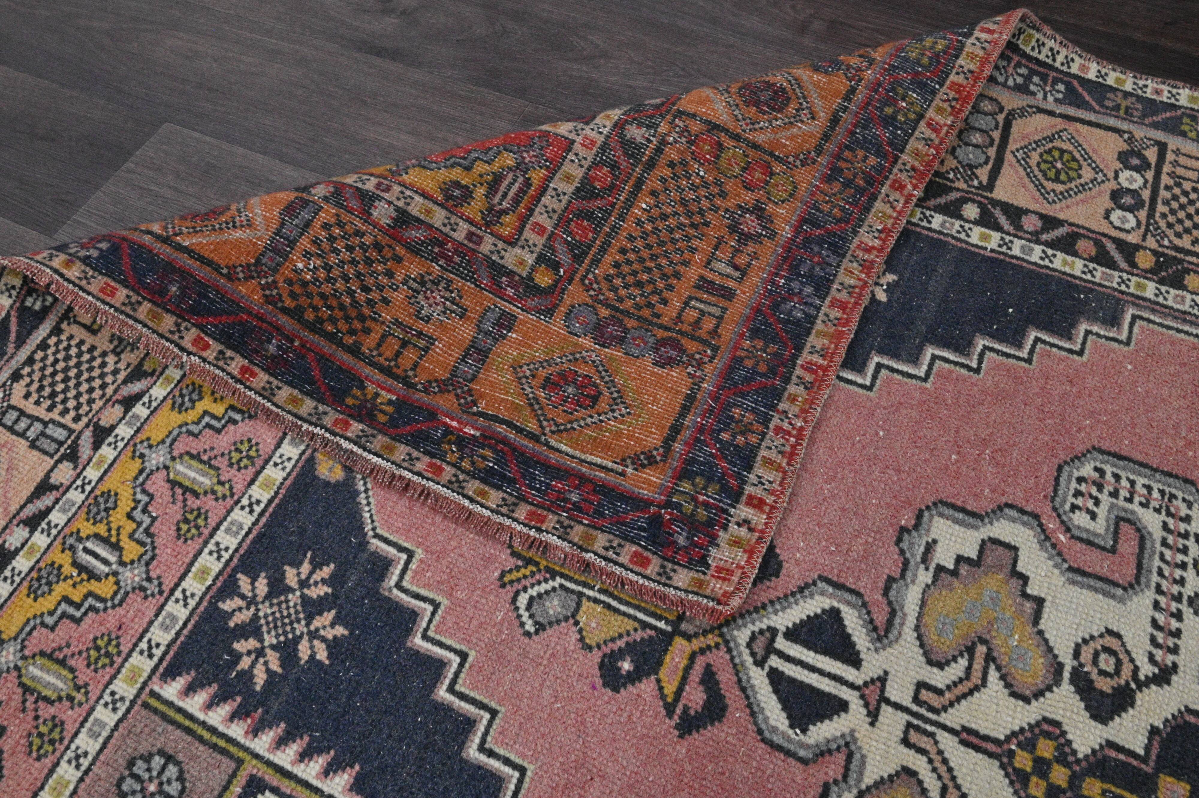 Vintage Turkish rug 134x240 cm, pink and navy blue tones, handmade wool