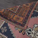 Vintage Turkish rug 134x240 cm, pink and navy blue tones, handmade wool