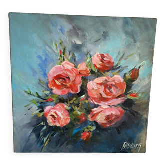 Oil on canvas painting of a bouquet of roses signed Paumier.