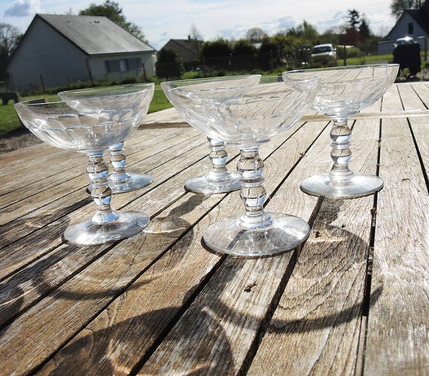 5 Antique Champagne Glasses in Gadrooned Glass