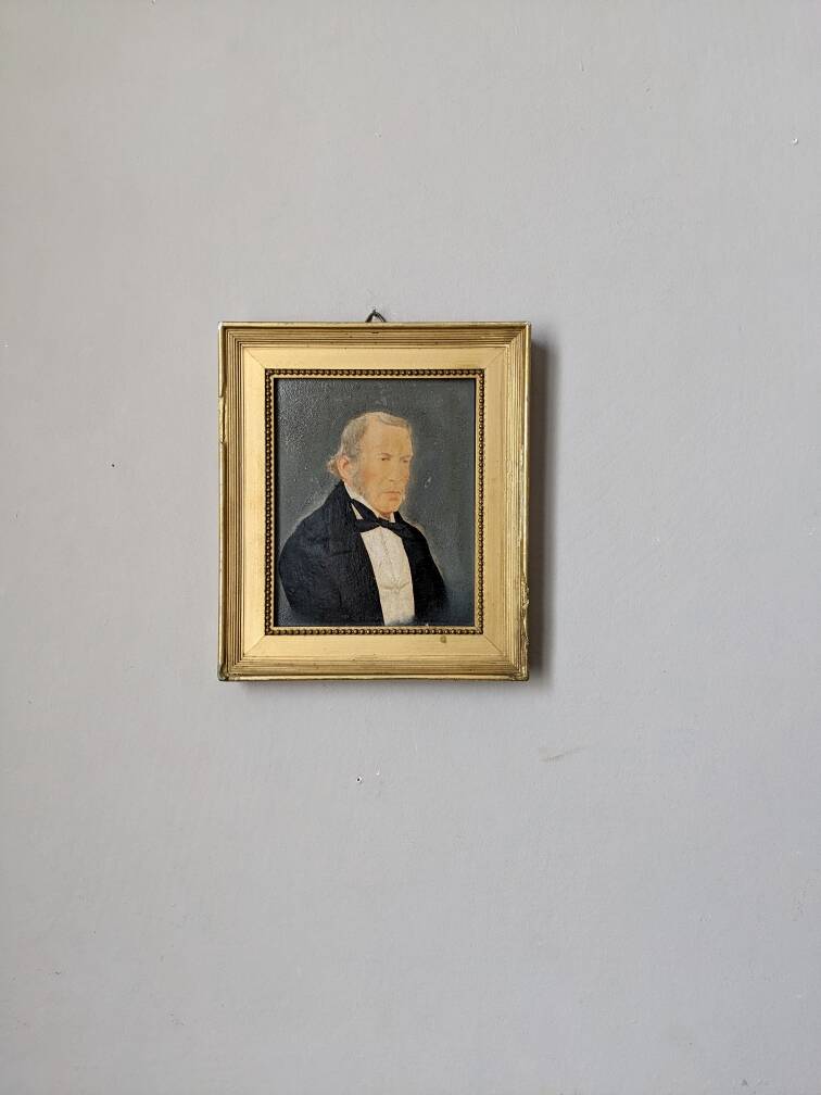 Oil on panel, old portrait, gilded wooden frame, country decoration