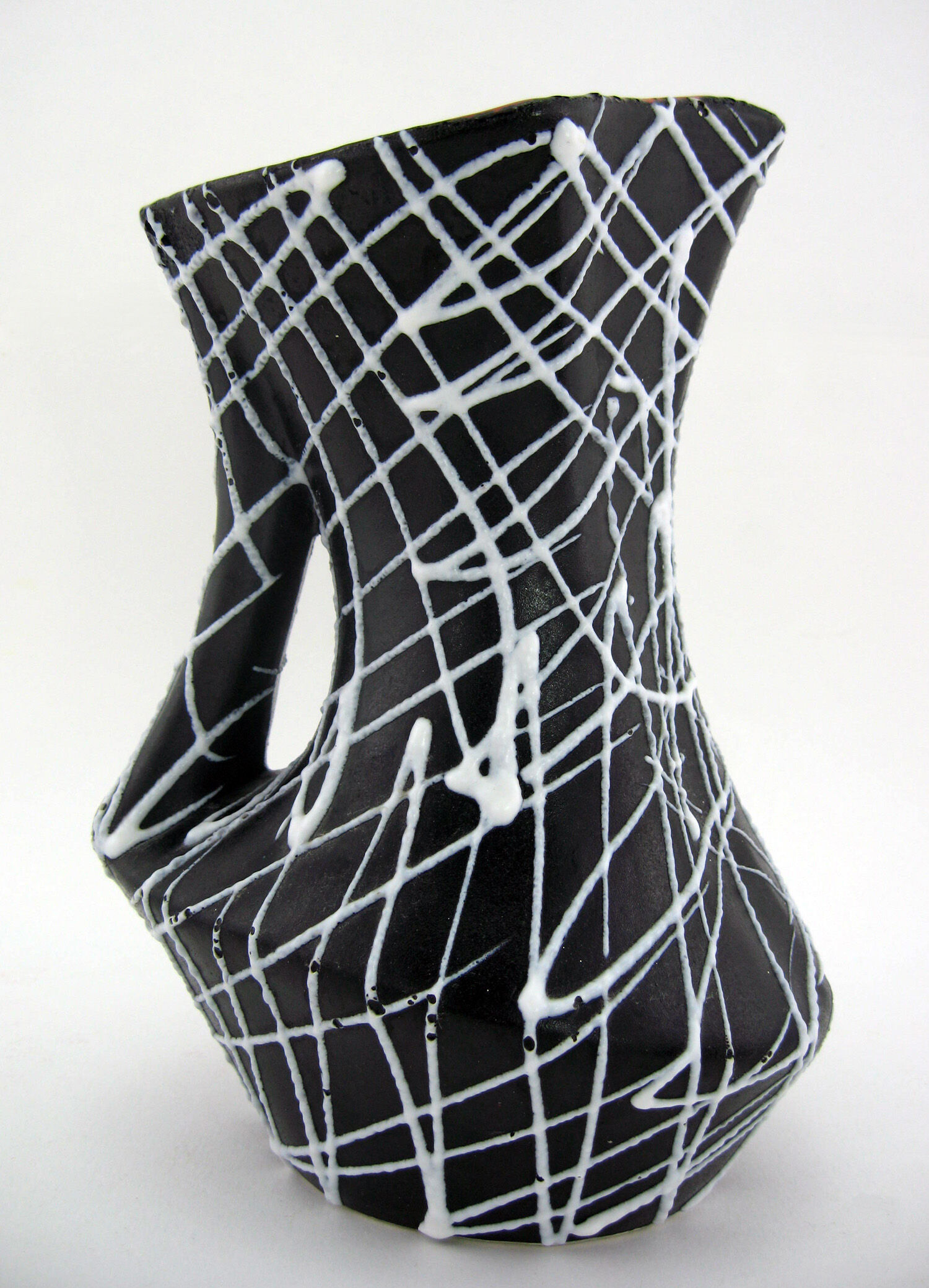Black ceramic vase, white spaghetti patterns Vallauris France vintage 50s