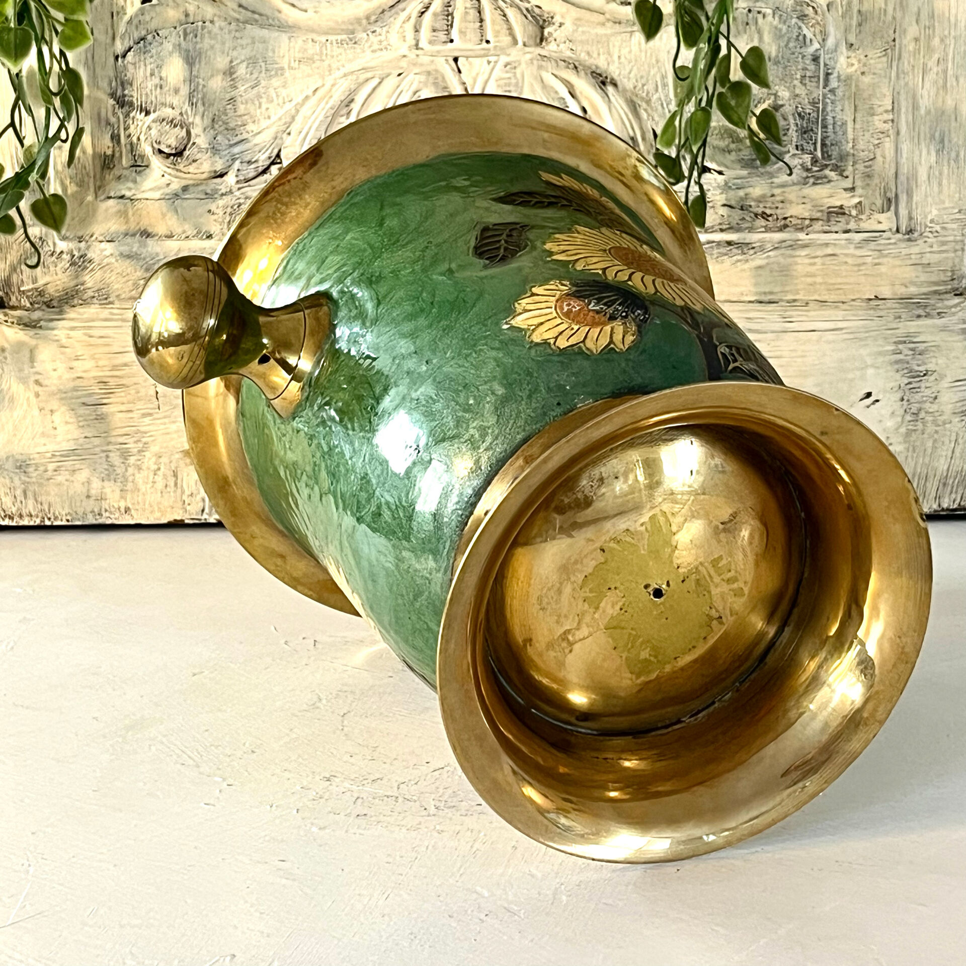 Vintage brass and green enamel cloisonné champagne cooler with sunflow