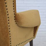 1970s, Danish high back armchair, furniture velour, oak wood legs.