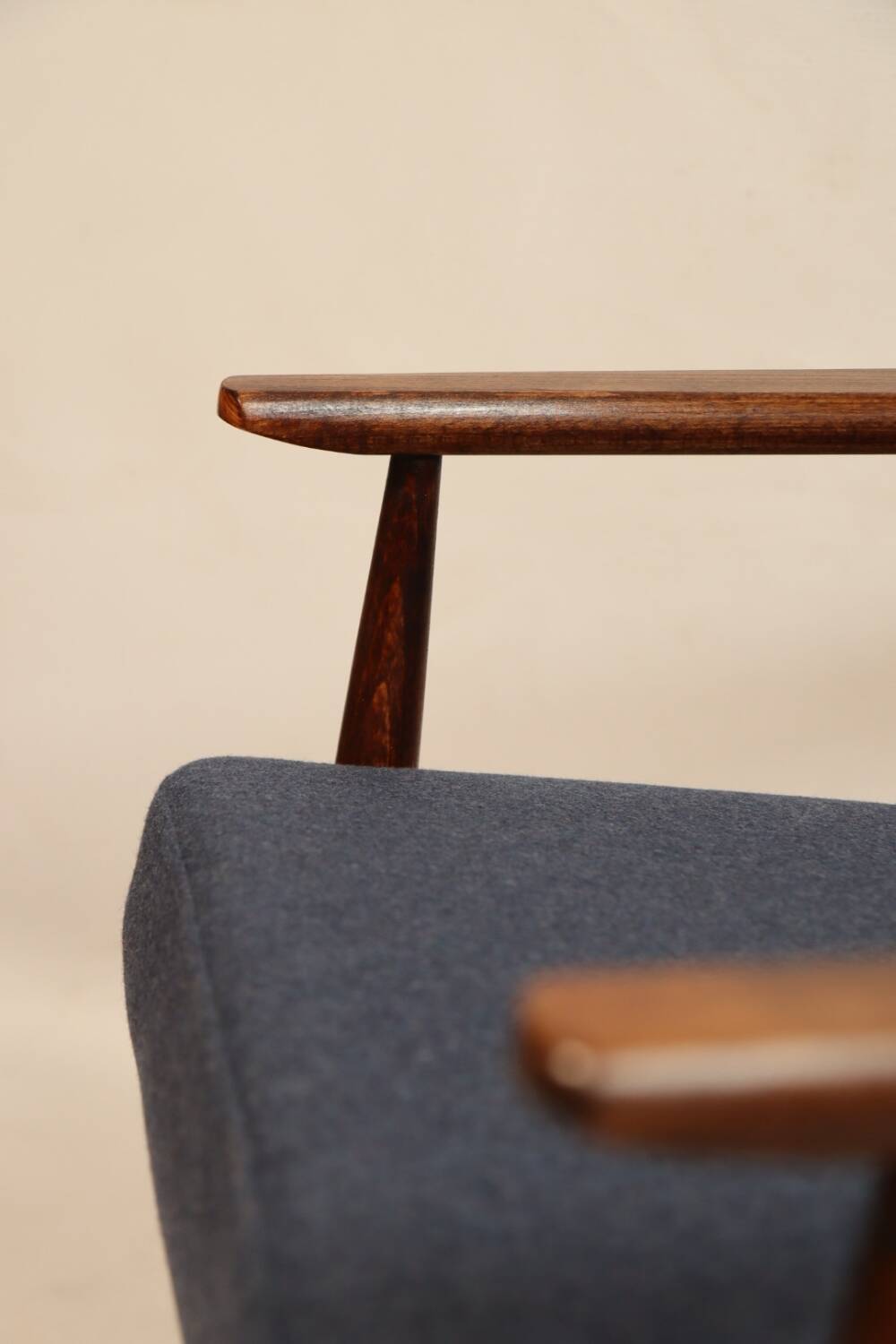 Scandinavian armchair navy blue natural wool dark brown wood design by H.Lis