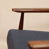 Scandinavian armchair navy blue natural wool dark brown wood design by H.Lis