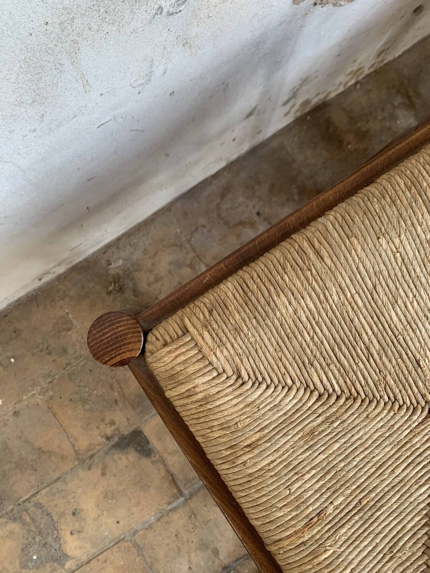 Pair of 20th century wooden stools with straw seats
