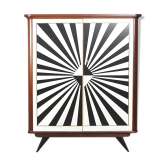Rockabilly german tall cabinet with drawers and hand-painted op-art pattern, 1950