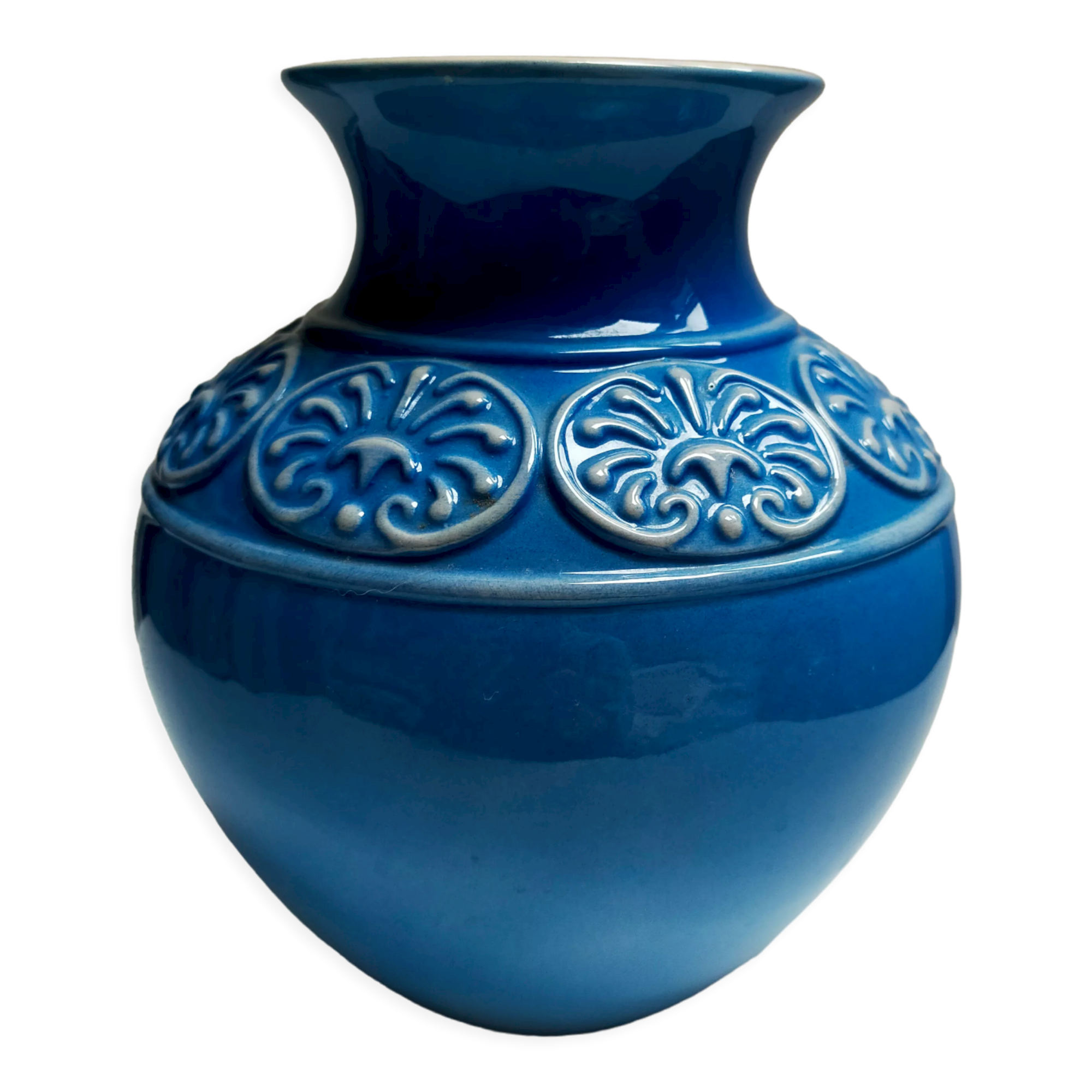 Ceramic vase ball blue art deco vintage carved numbered