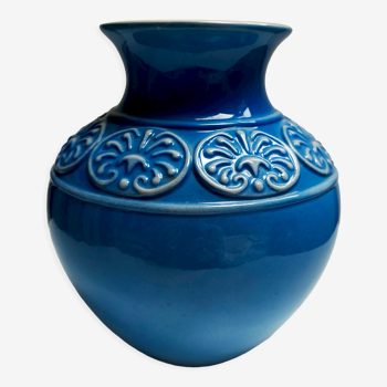 Ceramic vase ball blue art deco vintage carved numbered