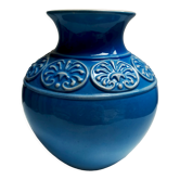 Ceramic vase ball blue art deco vintage carved numbered