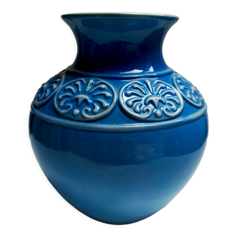 Ceramic vase ball blue art deco vintage carved numbered