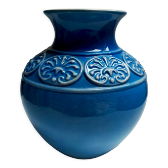 Vase céramique boule bleu art déco vintage sculpté numéroté