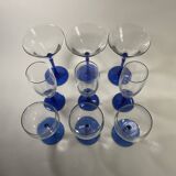 Set of 9 blue stemmed glasses (3 balloon wine glasses, 3 flutes, 3 cocktail)
