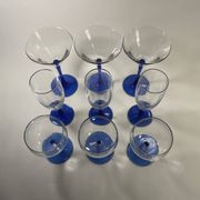 Set of 9 blue stemmed glasses (3 balloon wine glasses, 3 flutes, 3 cocktail)
