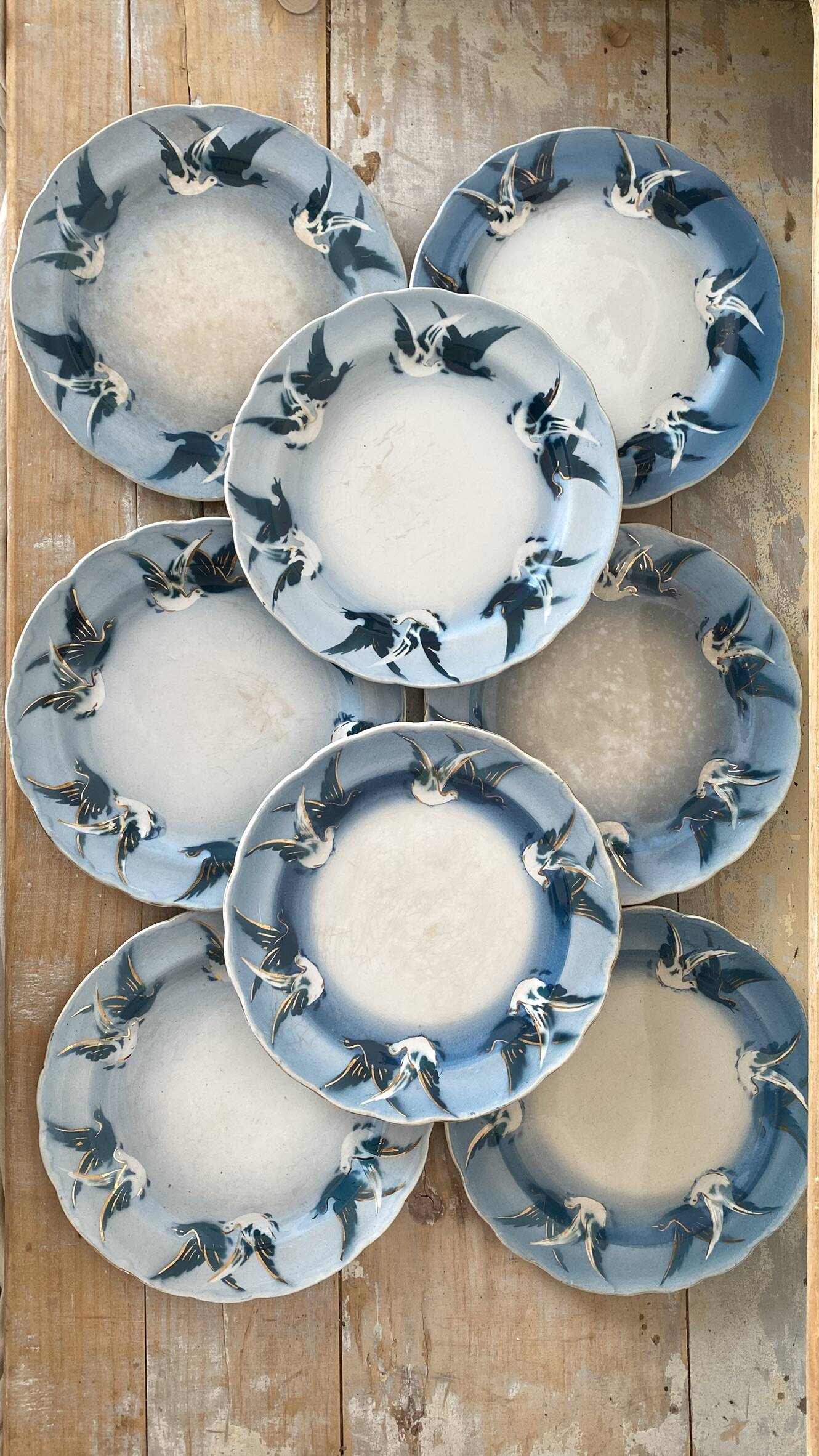Rare dessert plates Terre de Fer Choisy le Roi, birds.