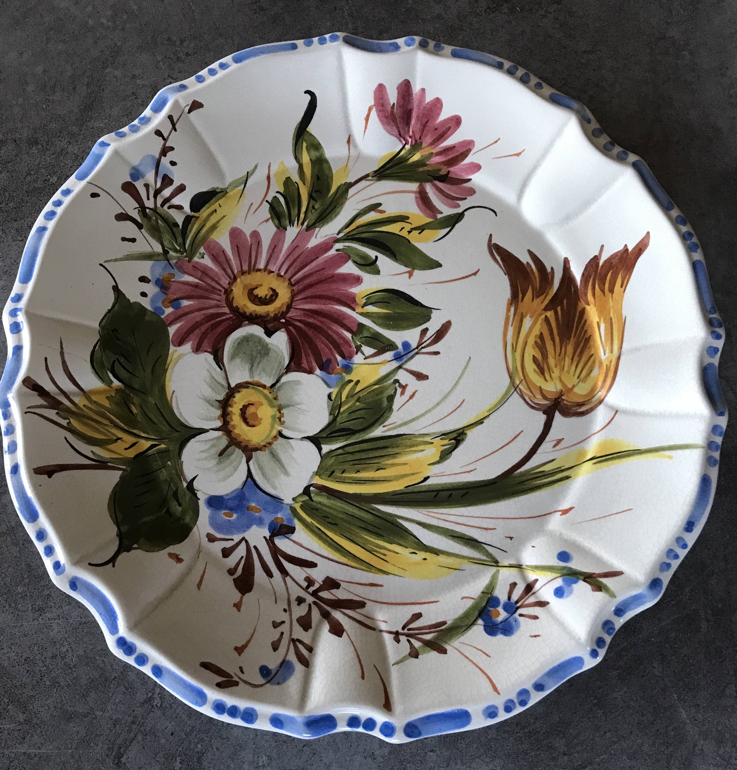 Earthenware wall plate signed bassano, italy, polychrome floral painting decoration