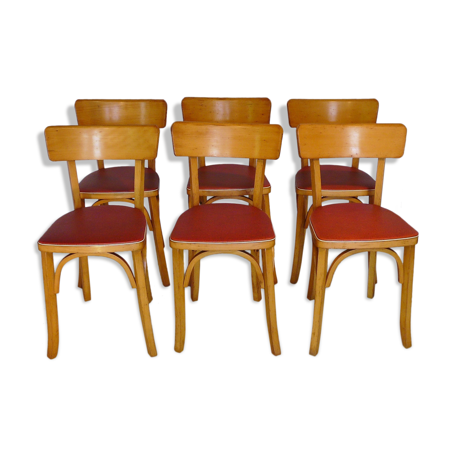 Six vintage Baumann bistro chairs in blond wood