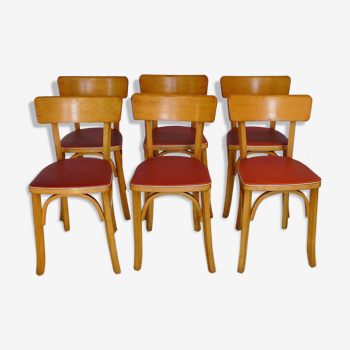 Six vintage Baumann bistro chairs in blond wood