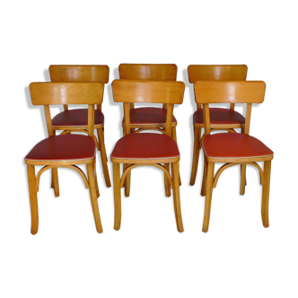 Six vintage Baumann bistro chairs in blond wood
