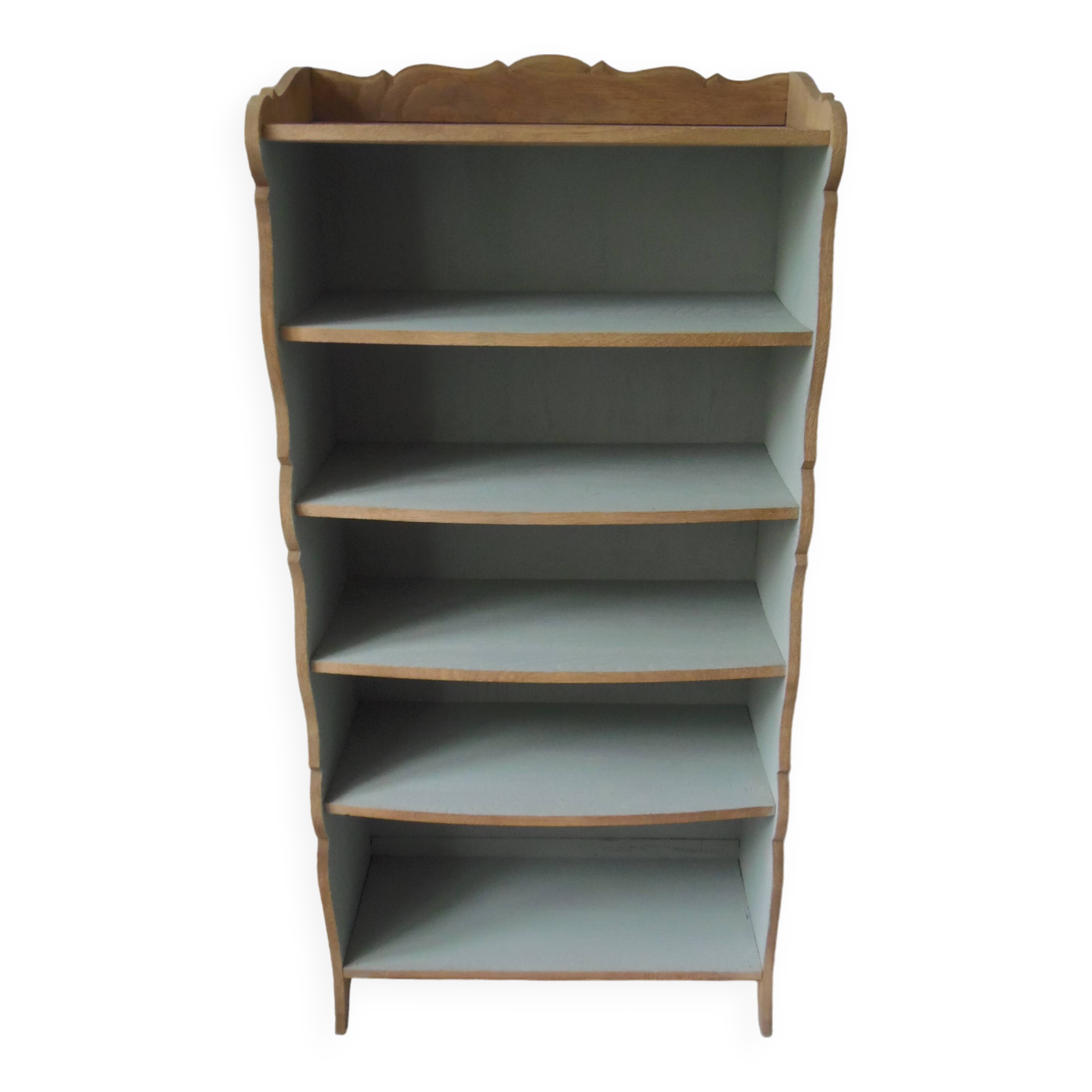 Petite bibliothèque vintage, 5 étagères fixes, intérieur sublimé en vert de gris, finition cirée.