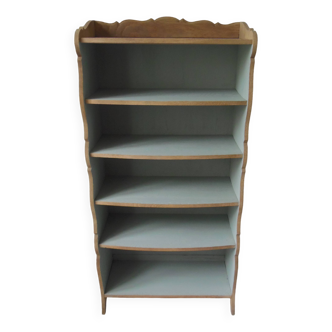 Small vintage bookcase, 5 fixed shelves, interior sublimated in verdigris, waxed finish.