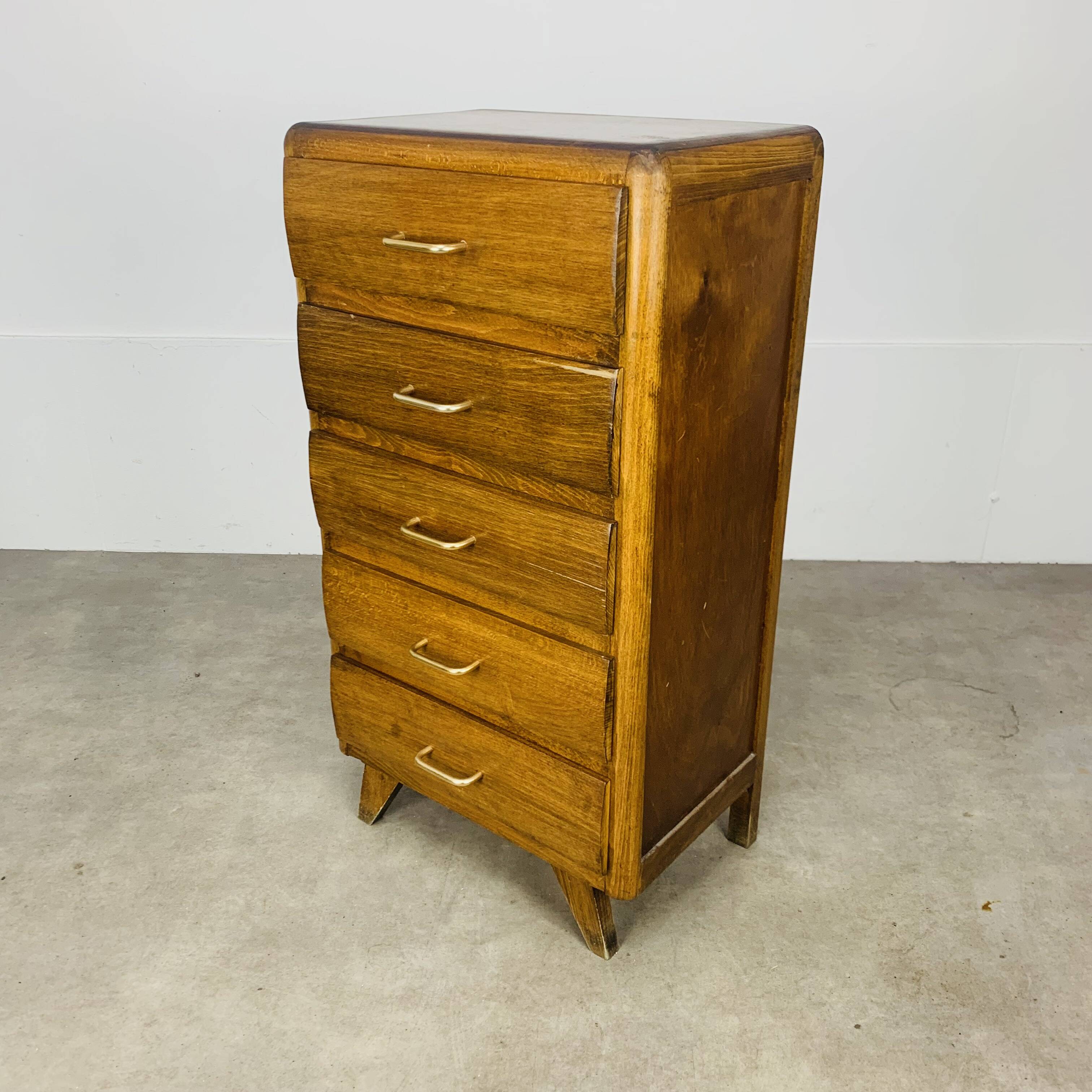 Commode chiffonnier pied compas, années 50, bois