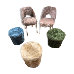 ensemble de 5 chaises et poufs en fausse fourrure Vintage 1970