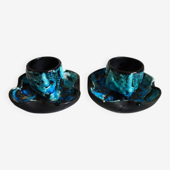 Pair of Vallauris fat lava blue egg cups from the 50s/60s