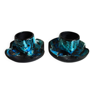 Pair of Vallauris fat lava blue egg cups from the 50s/60s