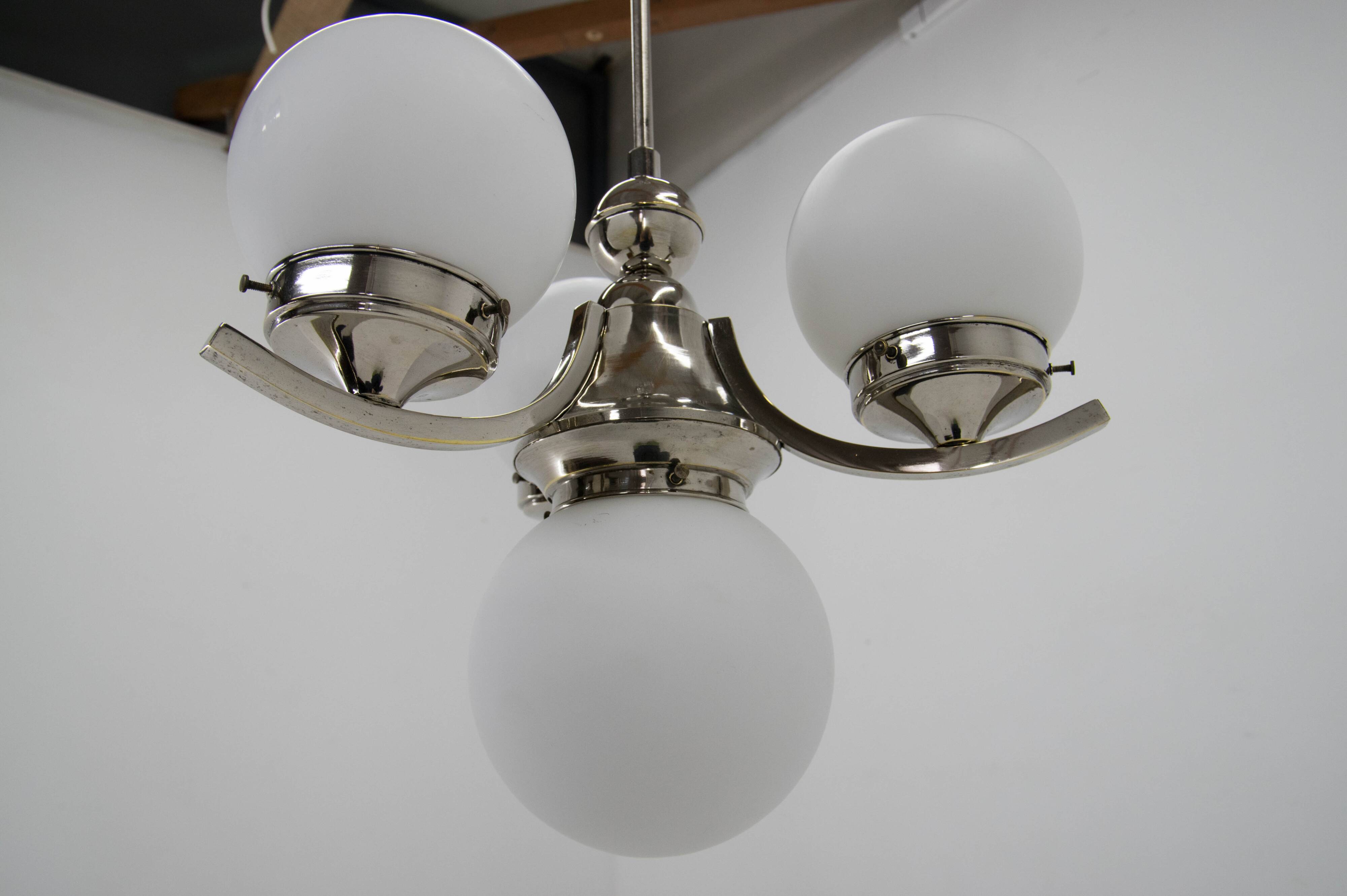 Art deco nickel and glass chandelier, 1930s
