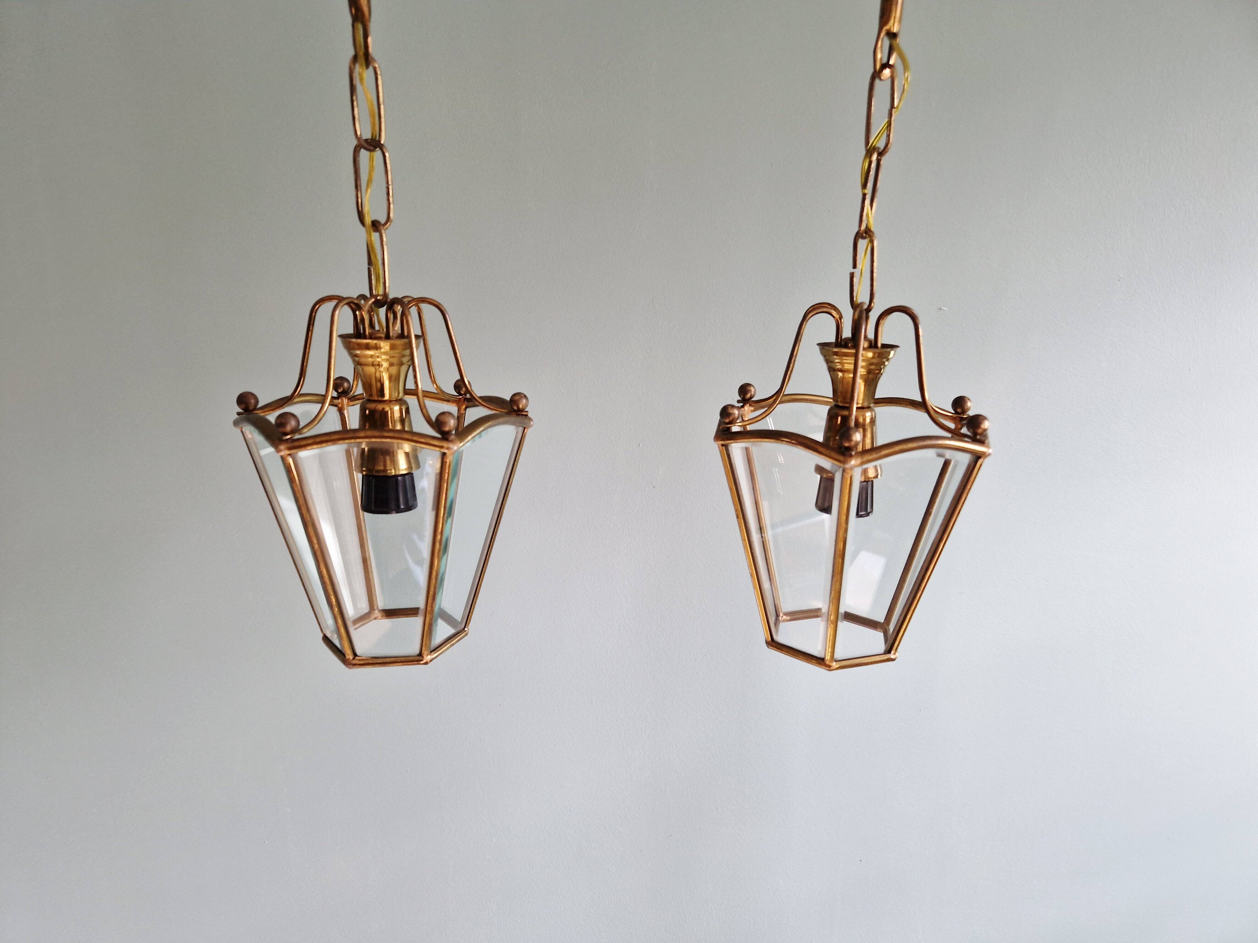 Pair of brass and bevelled glass pendant lights/lanterns, 1950-60.