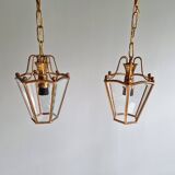 Pair of brass and bevelled glass pendant lights/lanterns, 1950-60.