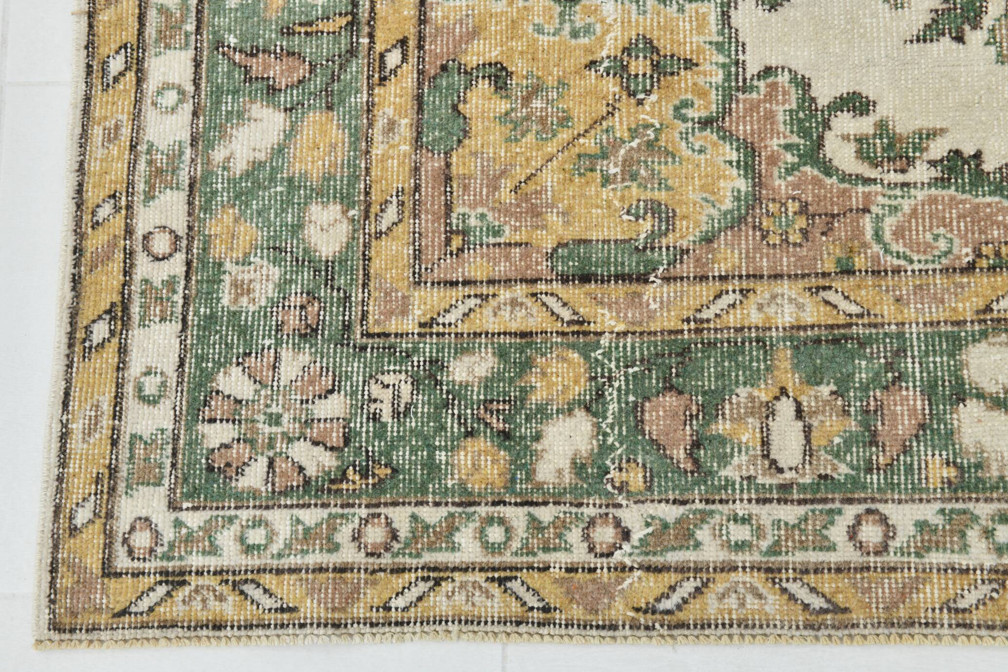 6x10 Beige & Green Geometric Pattern Anatolian Vintage Rug, 185x296 Cm