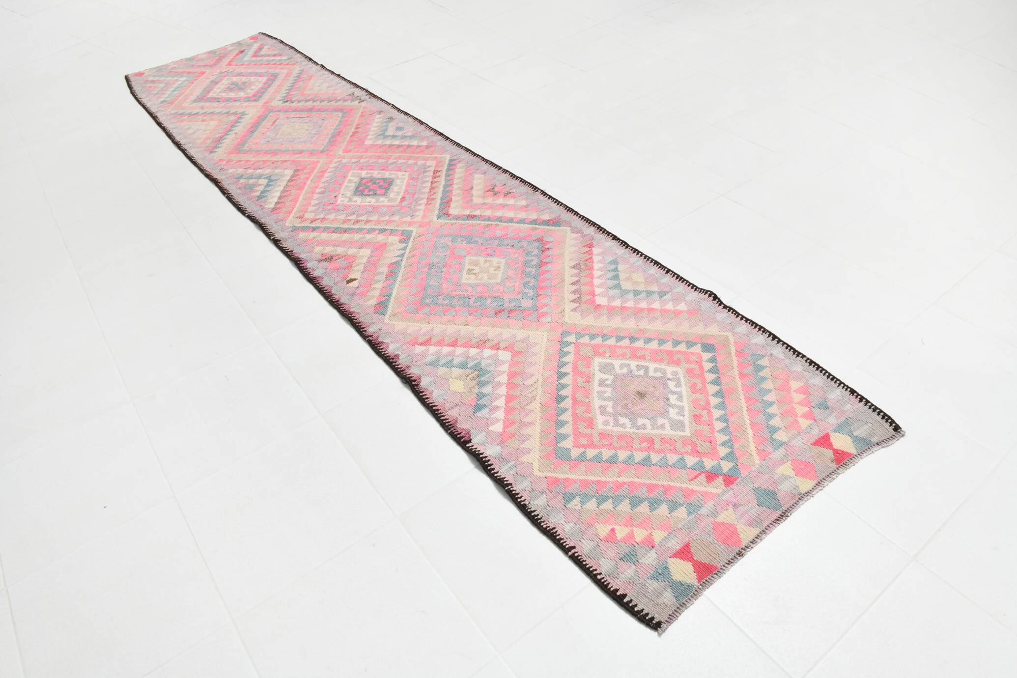 3x13 Soft Pink Turkish Vintage Runner Rug, 94x404Cm