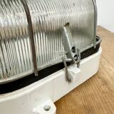 Industrial white porcelain cage wall light with ribbed glass, 1970s