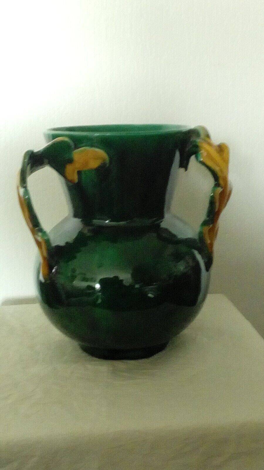 Earthenware vase with 3 handles of Vallauris oak leaves, 1950s vintage