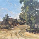 Paysage alpin avec village de montagne, Début du XXe siècle, Huile sur carton, Encadré