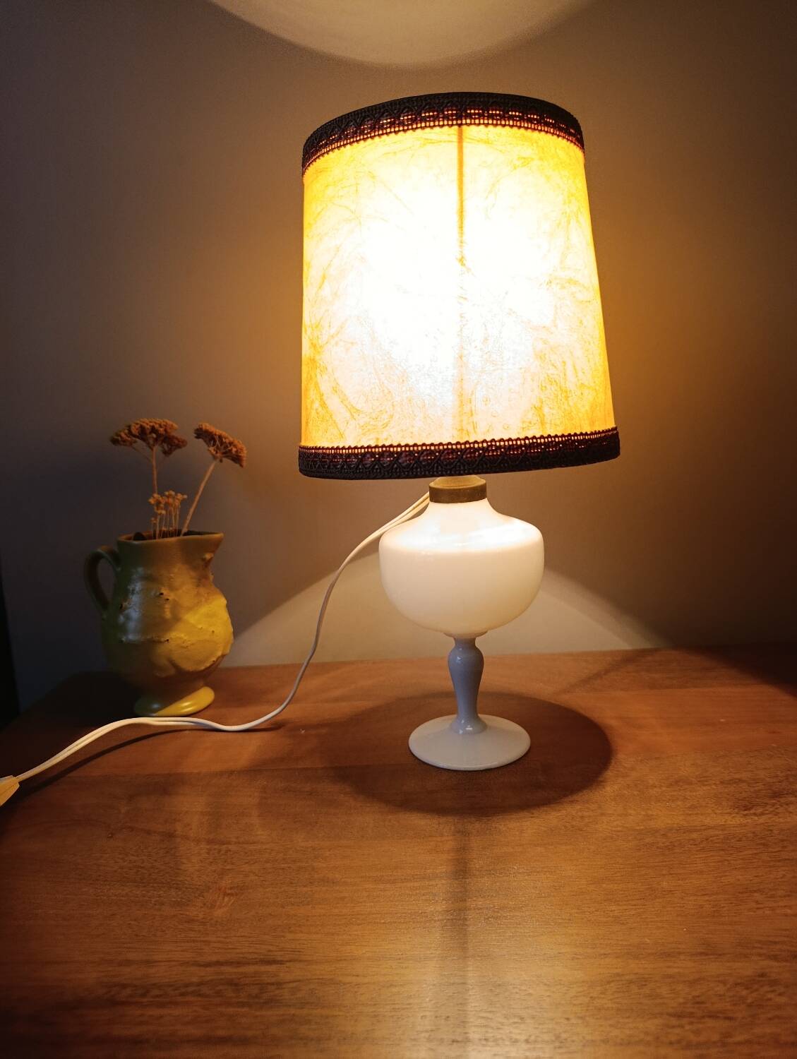 Retro white opaline table lamp, pigskin shade, 1950.