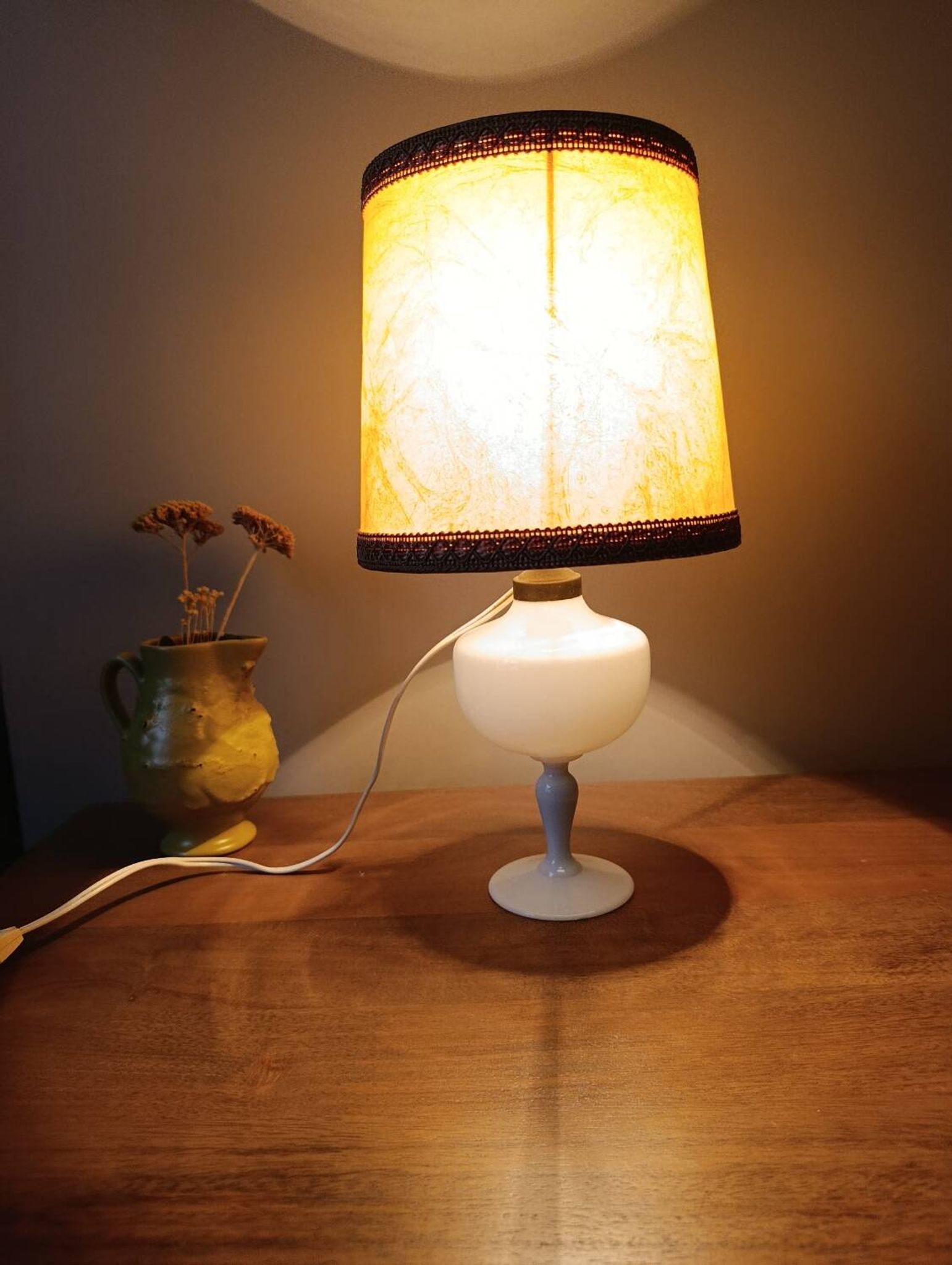 Retro white opaline table lamp, pigskin shade, 1950.