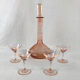 Pink glass liquor service, engraved decanter