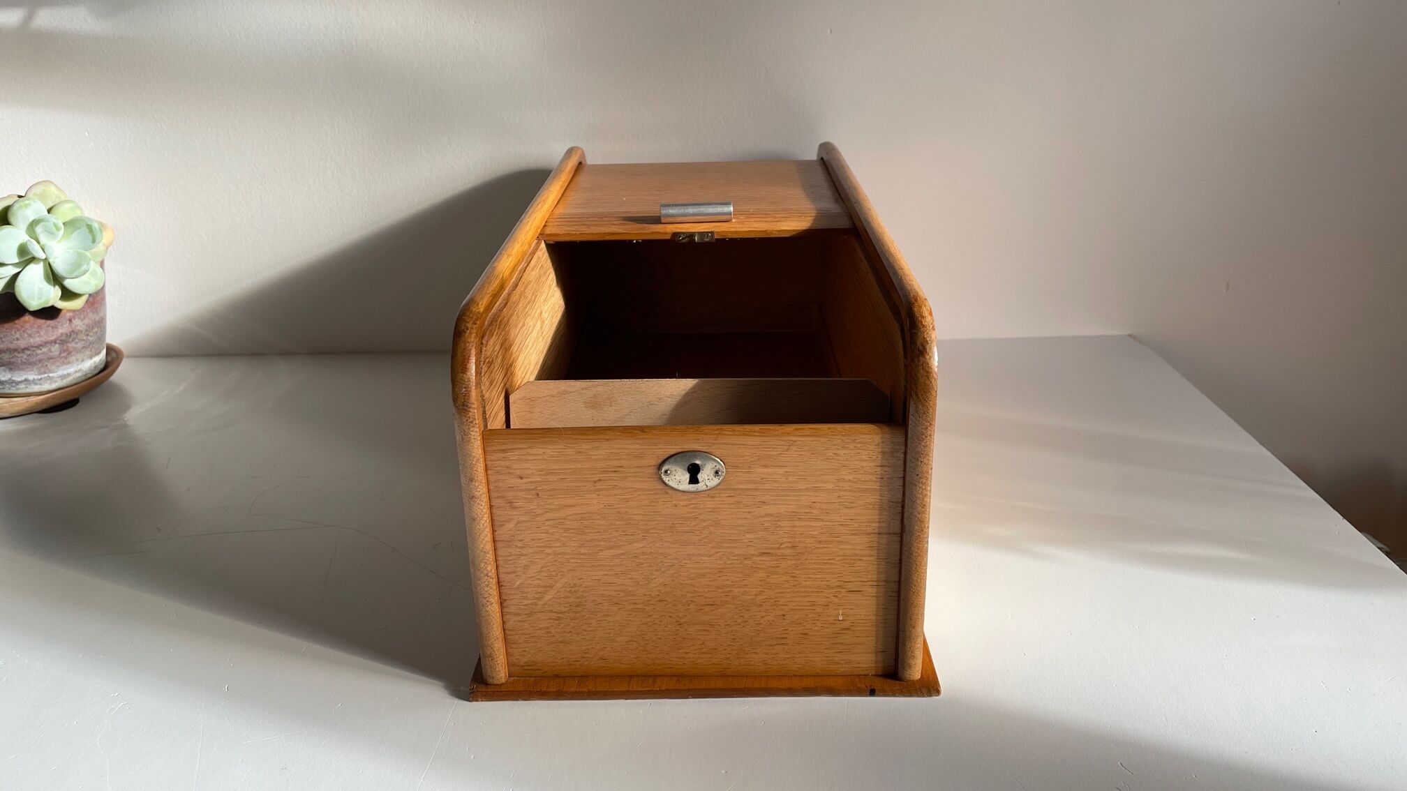 Wooden box with curtain vintage storage