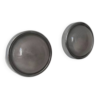 Pair of vintage modernist chrome and ribbed glass wall lights, France 1970