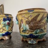 Pair of Art Nouveau Cache-Pots in Barbotine - Bird & Ribbon Decor - Fon