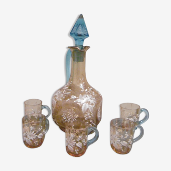 Emaille glass service a liqueur carafe and glasses