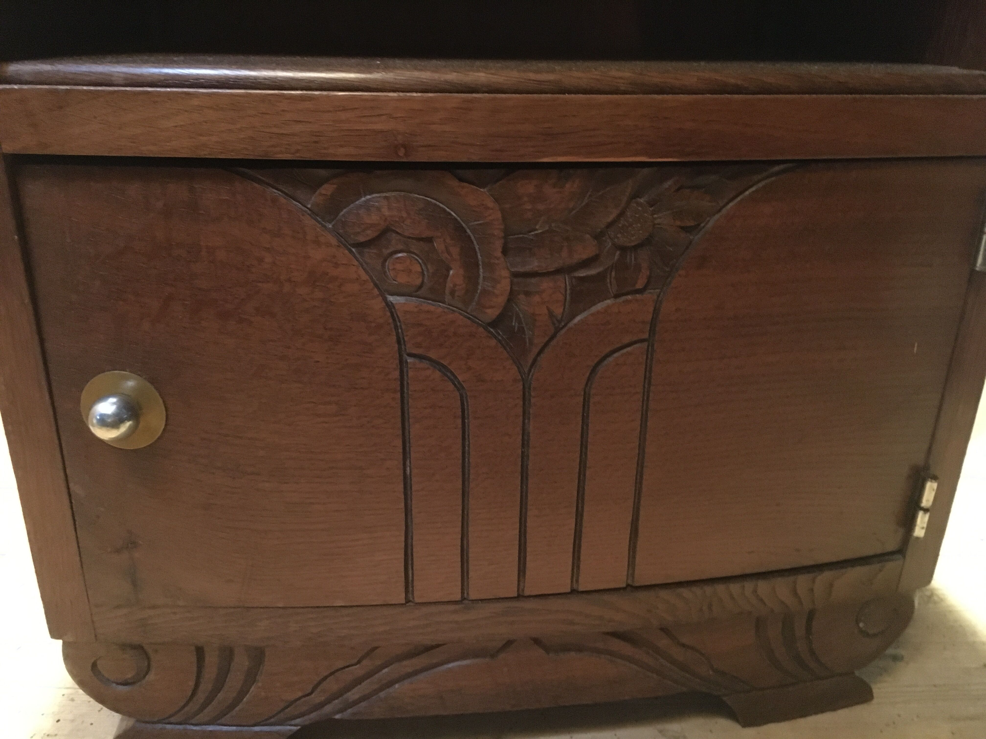Solid oak bedside table with brown and white marble.