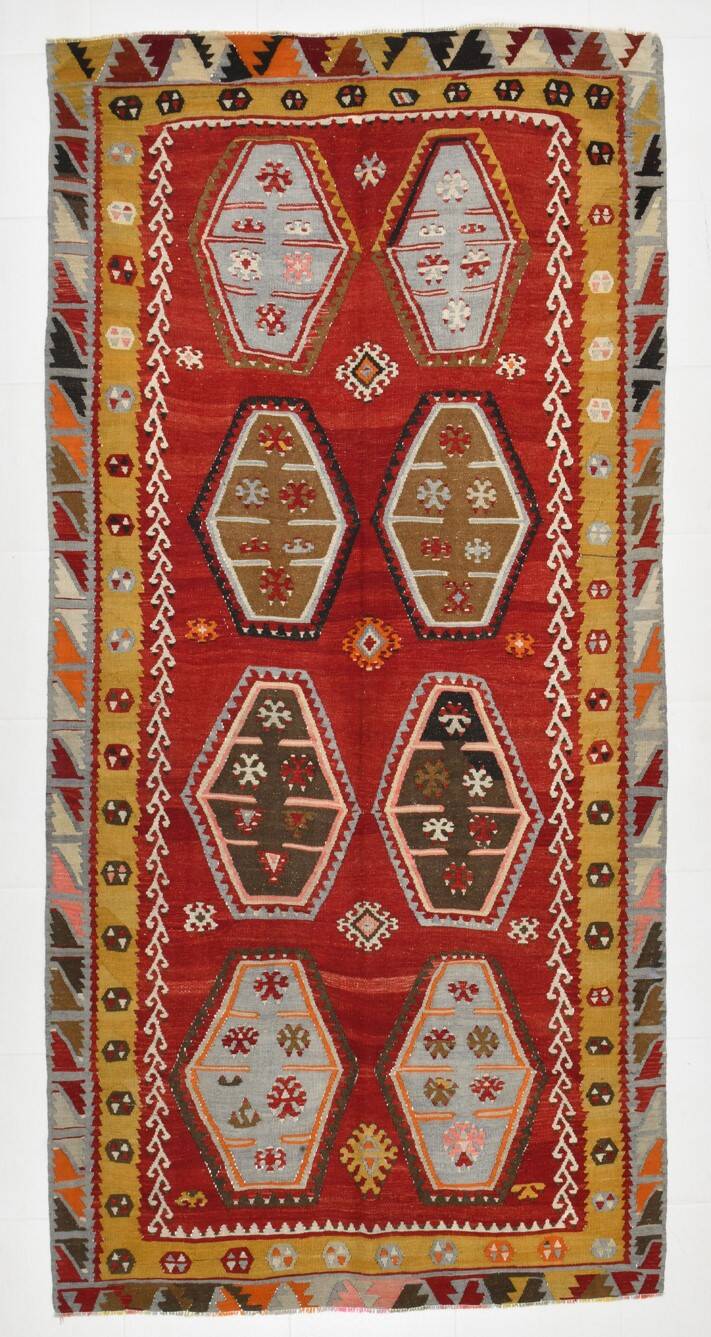 Grand Kilim Designer Vintage, Tapis Anatolien Rouge Fait Main, 149x308 Cm