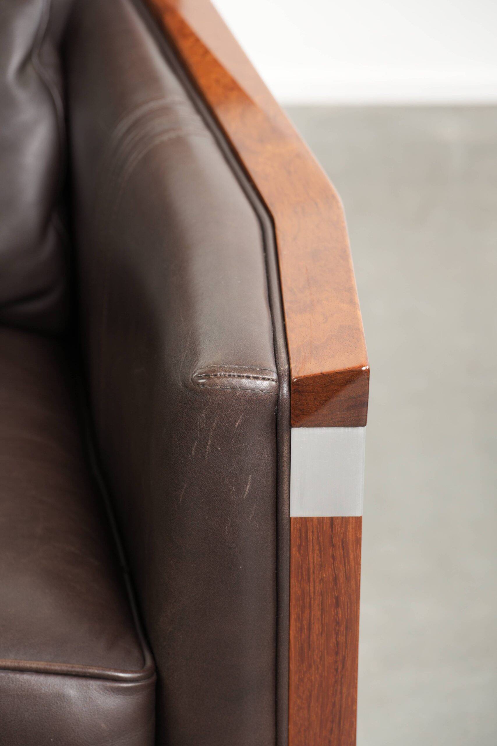 Art Deco design armchair with dark brown cowhide upholstery
