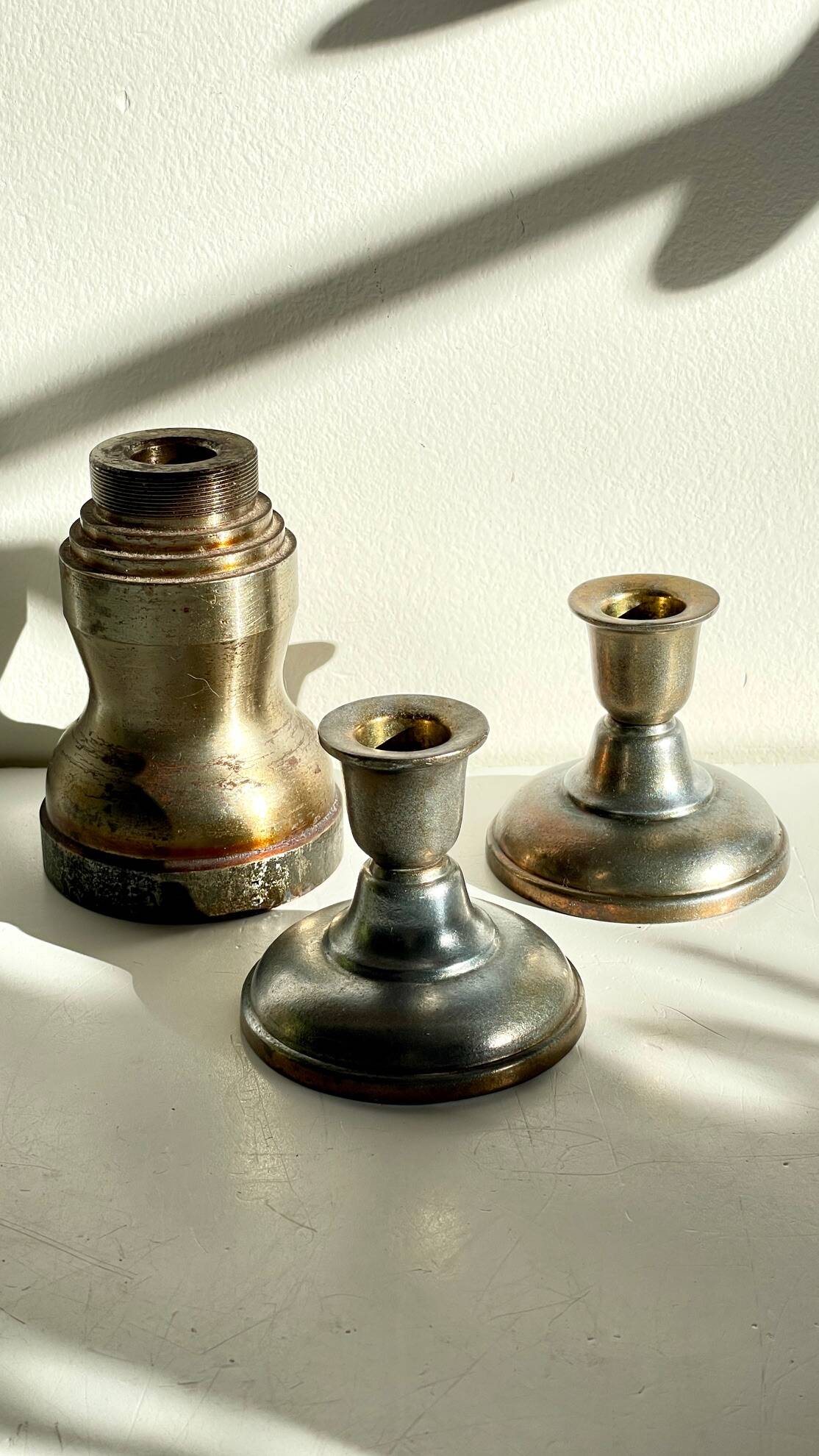 Industrial candle holders steel and silver bronze vintage