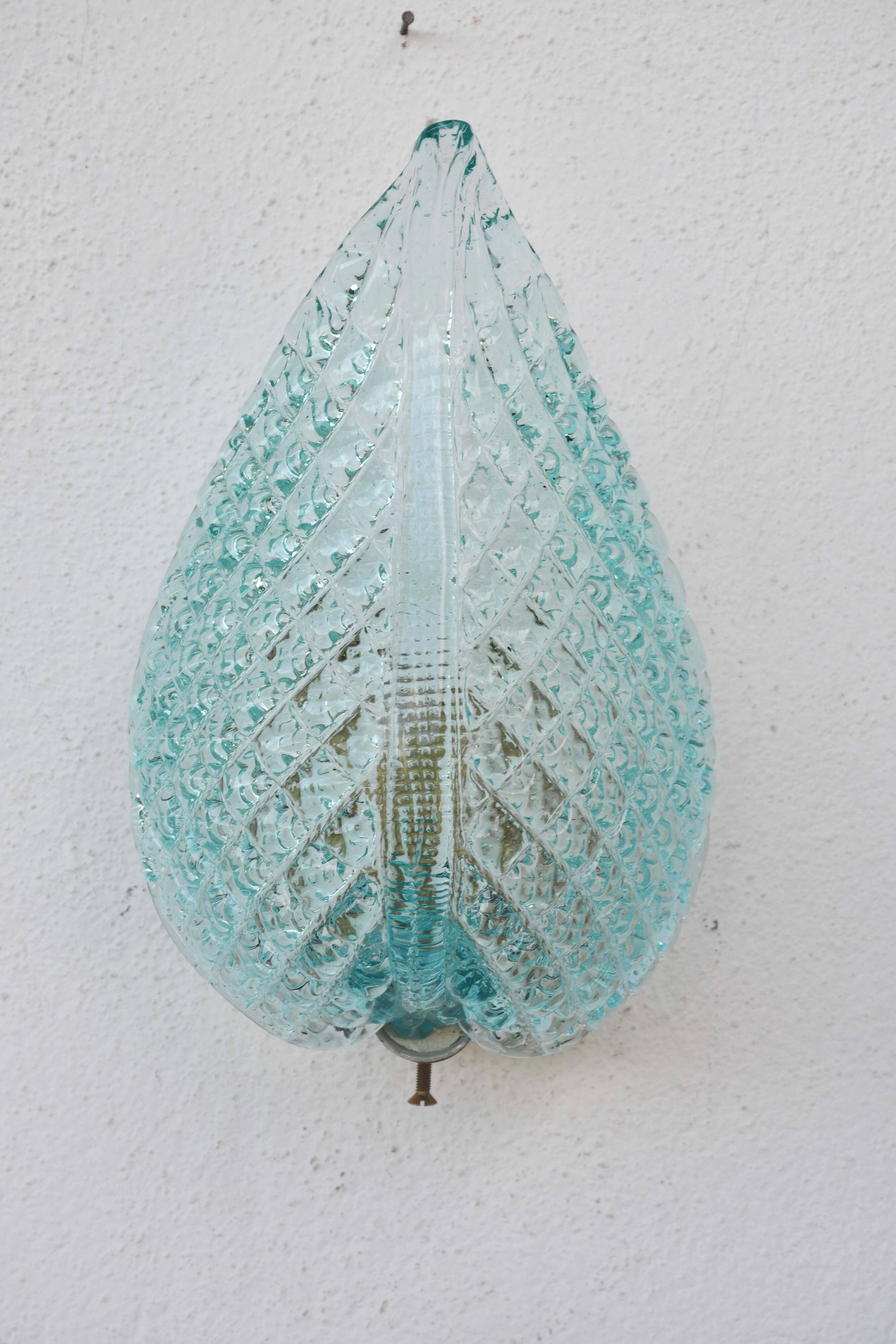 Set of 2 Rare Wall light Blue Jewel Murano Glass Leave by Barovier e Toso, 1950s